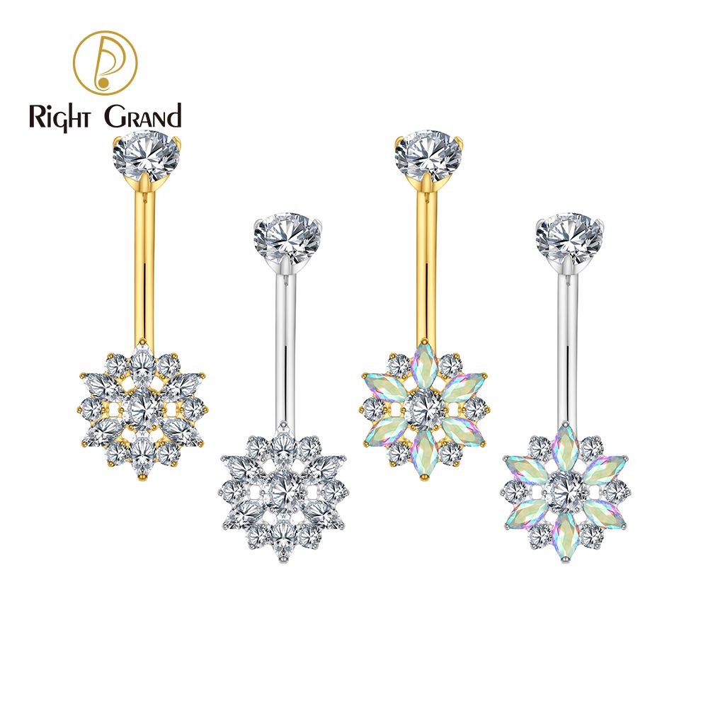 Right Grand ASTM F136 Titanium Flower Marquise CZ Belly Button Ring 14G Threaded Navel Curved Barbell Piercing Jewelry