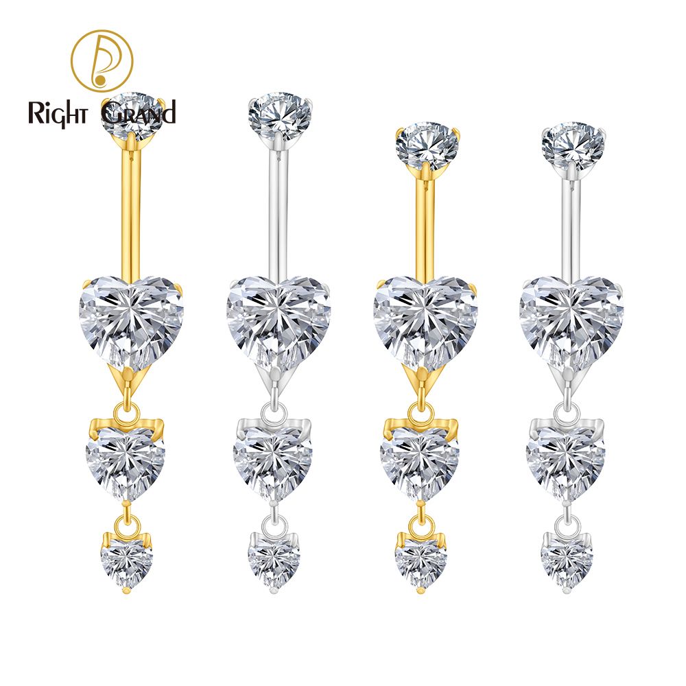 Right Grand ASTM F136 Titanium Triple Dangle Heart CZ Belly Button Ring 14G Threaded Navel Curved Barbell Piercing Jewelry
