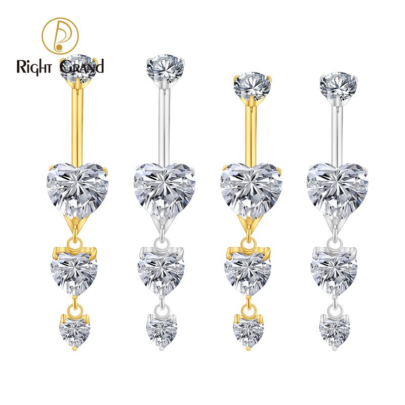 Right Grand ASTM F136 Titanium Triple Dangle Heart CZ Belly Button Ring 14G Threaded Navel Curved Barbell Piercing Jewelry