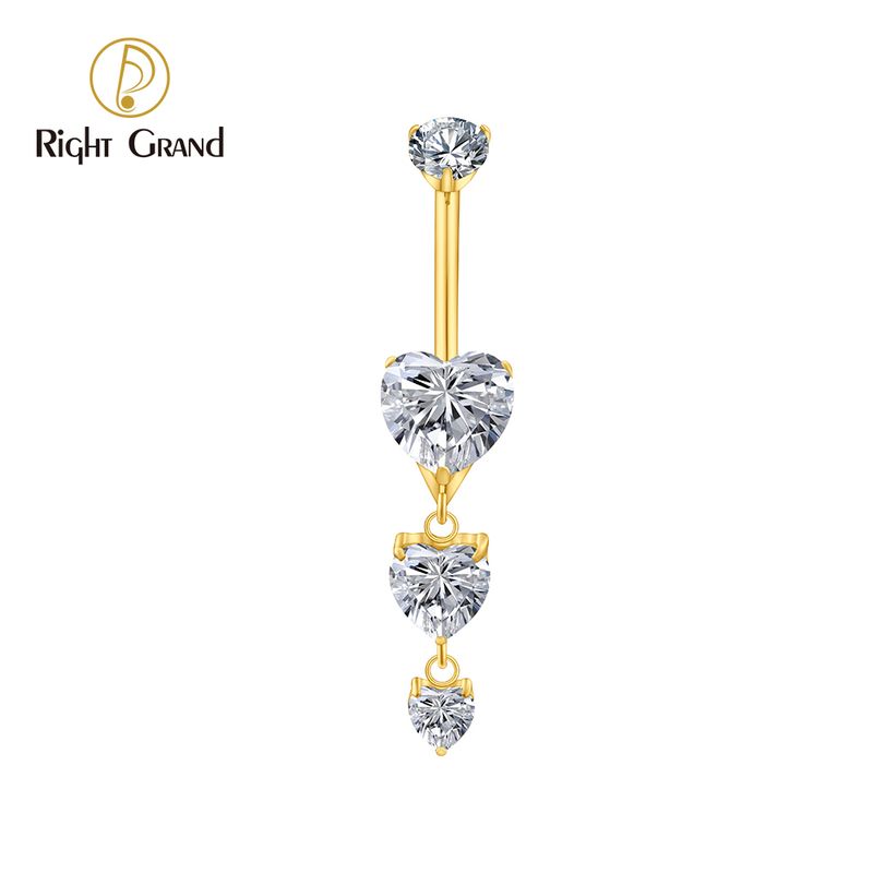 Right Grand ASTM F136 Titanium Triple Dangle Heart CZ Belly Button Ring 14G Threaded Navel Curved Barbell Piercing Jewelry