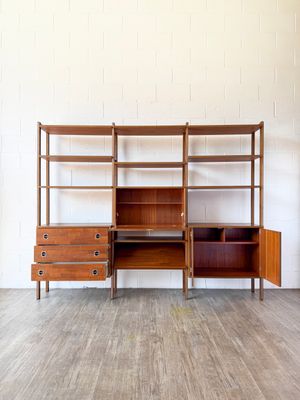 Mid-Century Modern Freestanding 3-Bay Modular Walnut Wall Unit by Ello