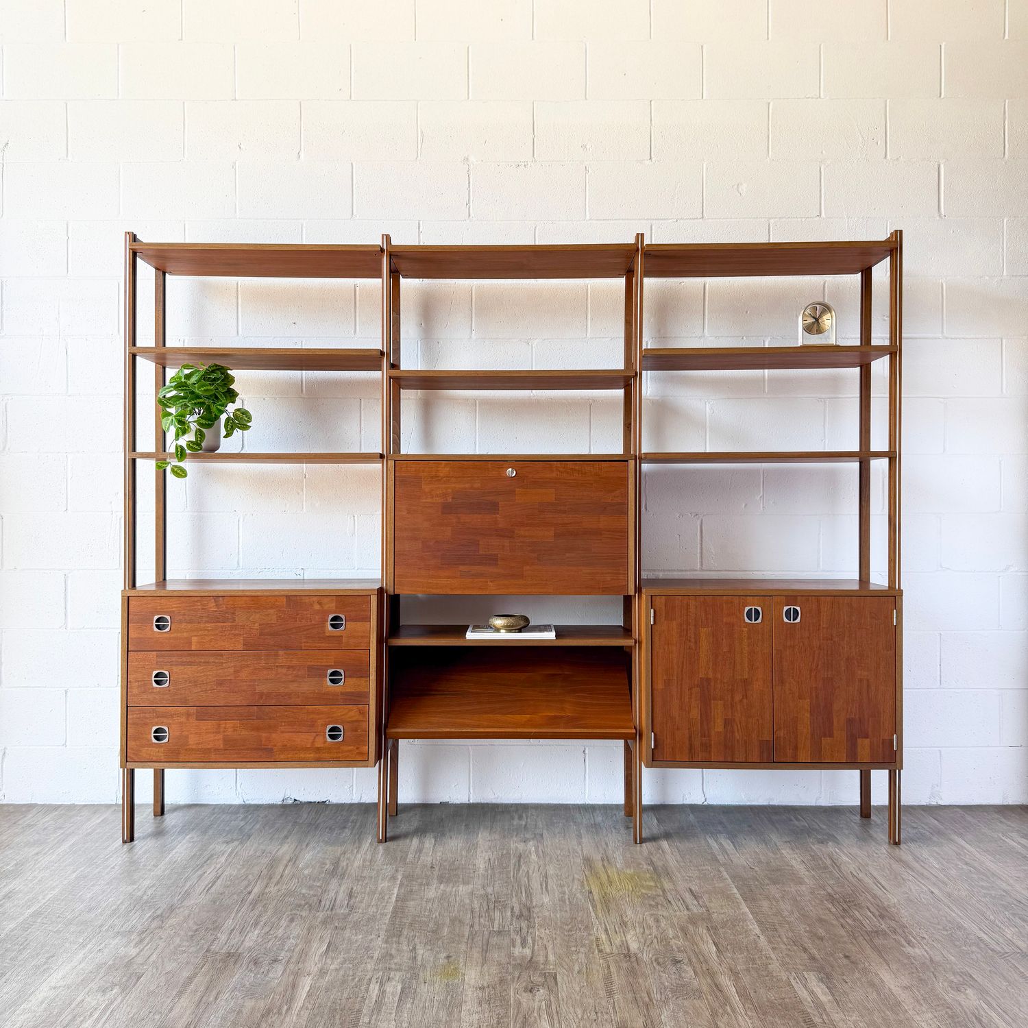 Mid-Century Modern Freestanding 3-Bay Modular Walnut Wall Unit by Ello