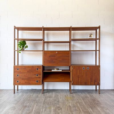 Mid-Century Modern Freestanding 3-Bay Modular Walnut Wall Unit by Ello