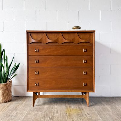 Vintage Mid-Century Modern Broyhill Brasilia Walnut 5-Drawer Tallboy Dresser