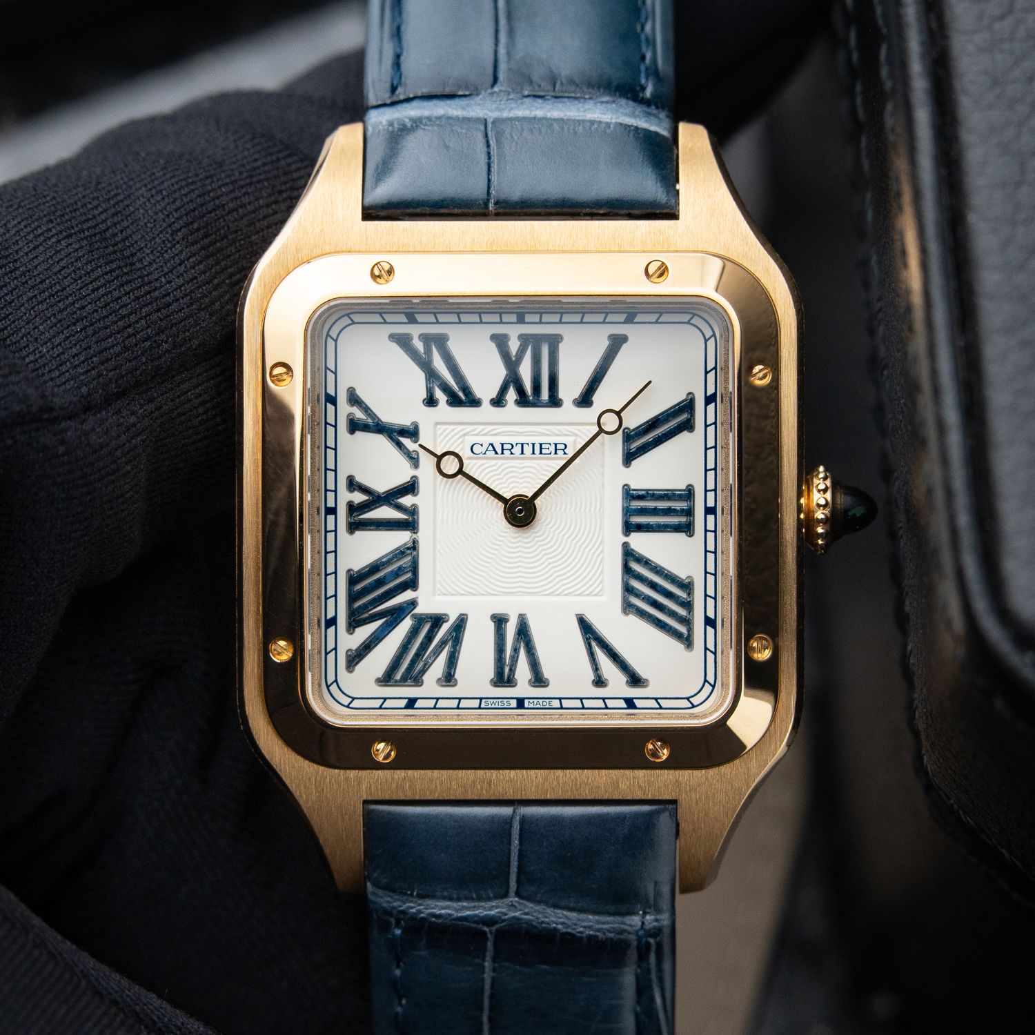 Cartier Santos Dumont CLEAN 6/2024 XL Model Yellow Gold Blue Stone Numerals