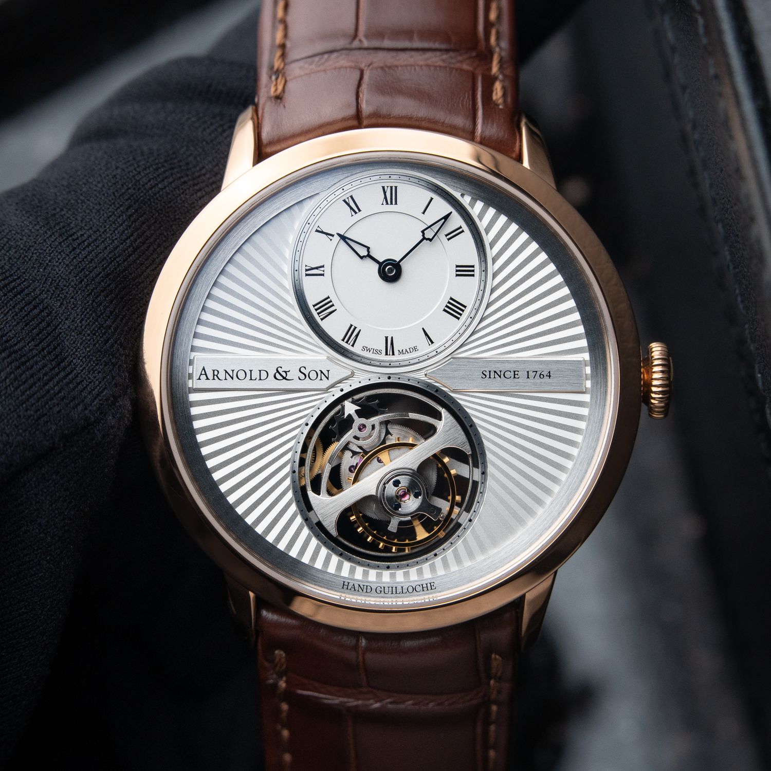 Arnold & Son UTTE Ultra-Thin Tourbillon STRAPS Rose Gold Silver Guilloche Arnold & Son UTTE Ultra-Thin Tourbillon STRAPS Rose Gold Silver Guilloche