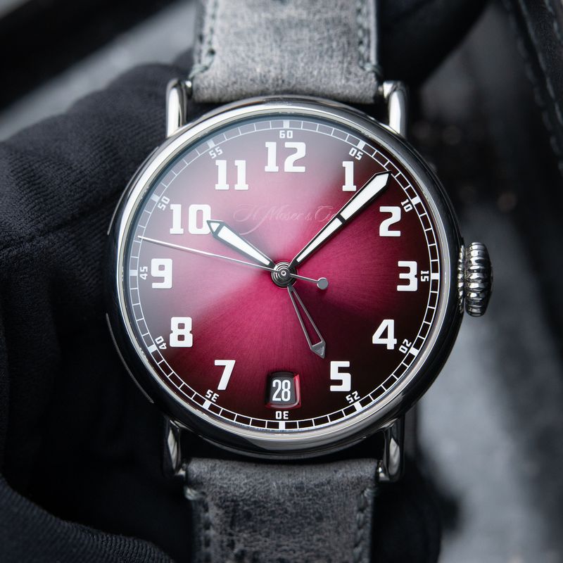 H.Moser & Cie. Heritage Dual Time Burgundy Fume Dial Date Automatic 42mm
