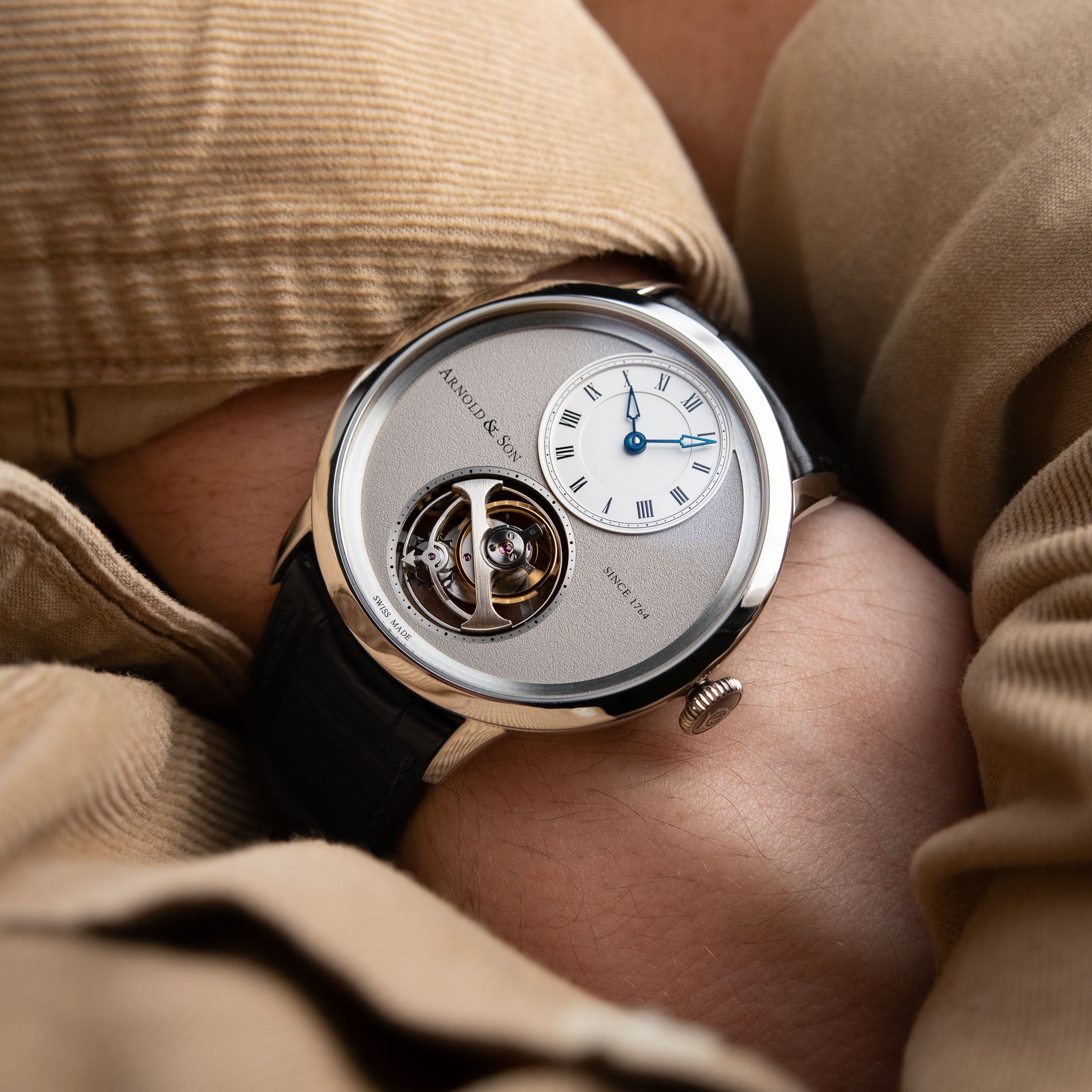 Arnold & Son UTTE Ultra Thin Tourbillon Palladium Silver Dial Leather 42mm