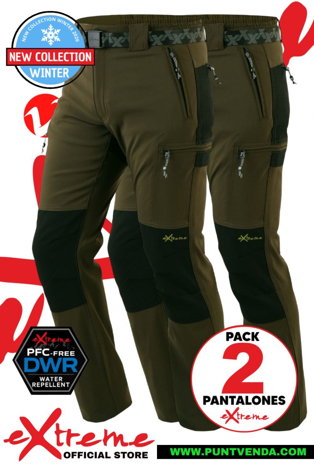 Pack 2 Pantalones Trekking Extreme - Madeira Verde Caza - waterproof - Invierno - Afelpado