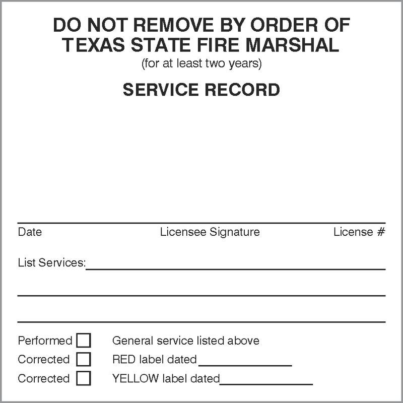 : Texas Alarm System White Service Record Labels