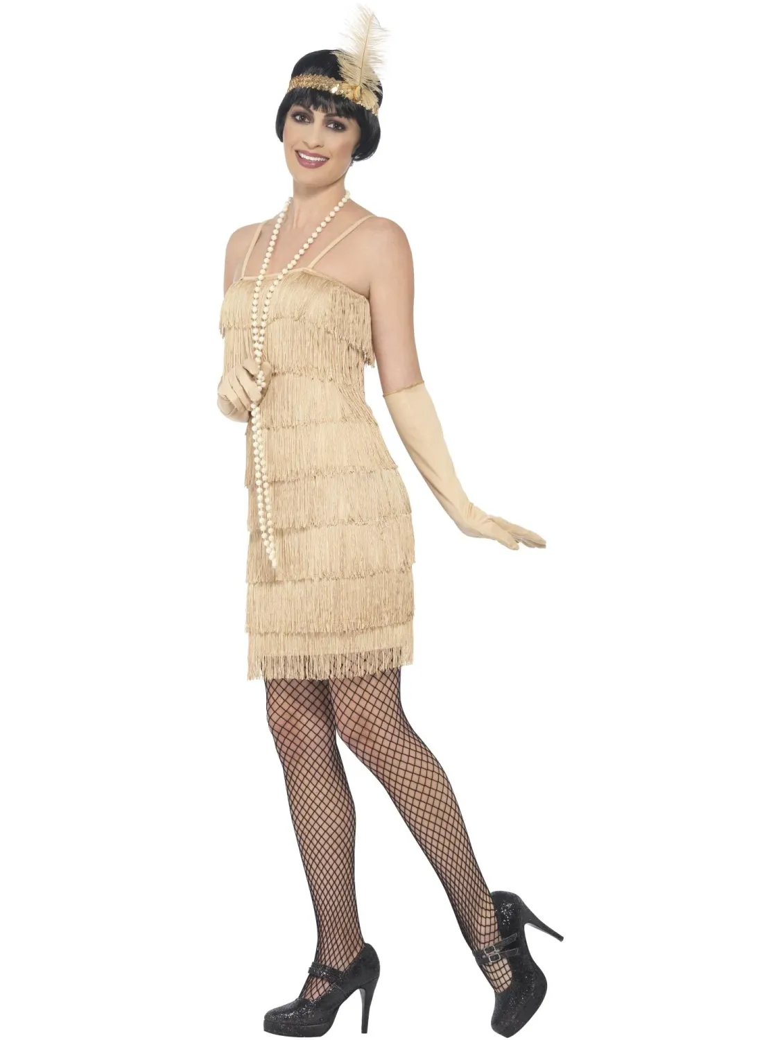 Flapper Costume, Gold, with Short Dress, Headband &amp; Gloves - Large - ONLY