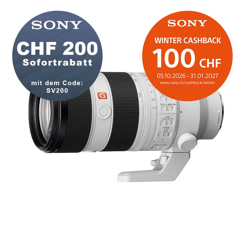 Sony FE 70-200mm 2.8 GM OSS II - ''4 Jahre Garantie'' - CHF 200 Rabatt mit Code SV200 + CHF 100 Cashback Sony FE 70-200mm 2.8 GM OSS II - ''4 Jahre Garantie'' - CHF 200 Rabatt mit Code SV200 + CHF 100 Cashback