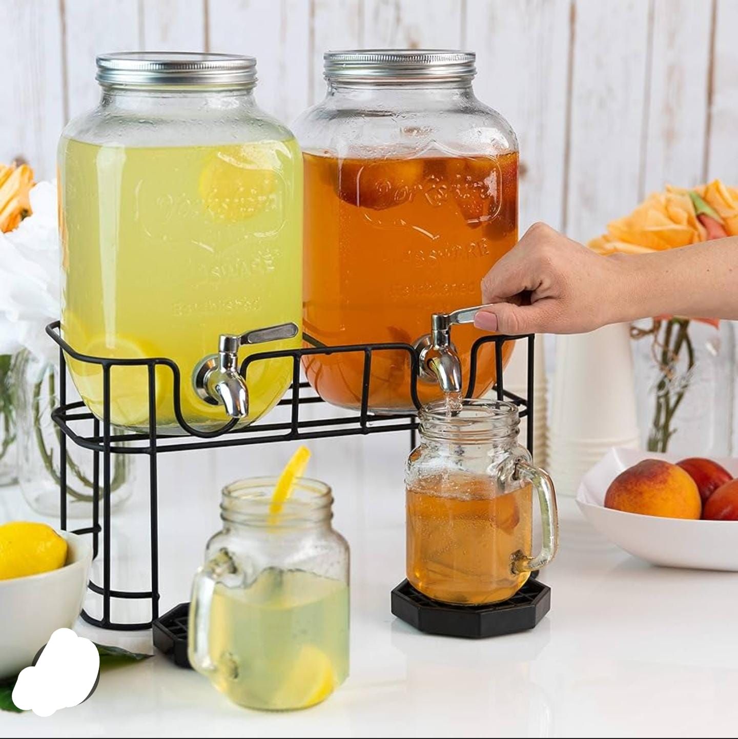 Double Glass Beverage Dispenser with Stand &amp; Taps – 2 x 4L Drink Dispenser for Parties, Events &amp; Home