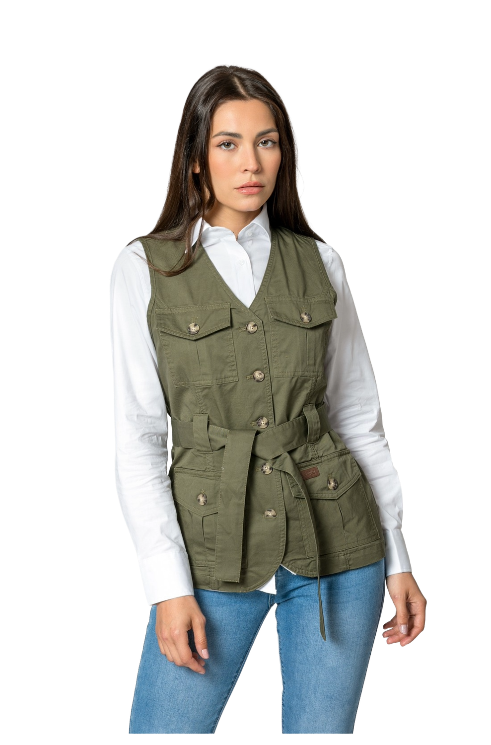 Chaleco Sahariana Mujer, Verde Kaki, 100% Algodón, Cuatro Bolsillos con Botones y Lazo