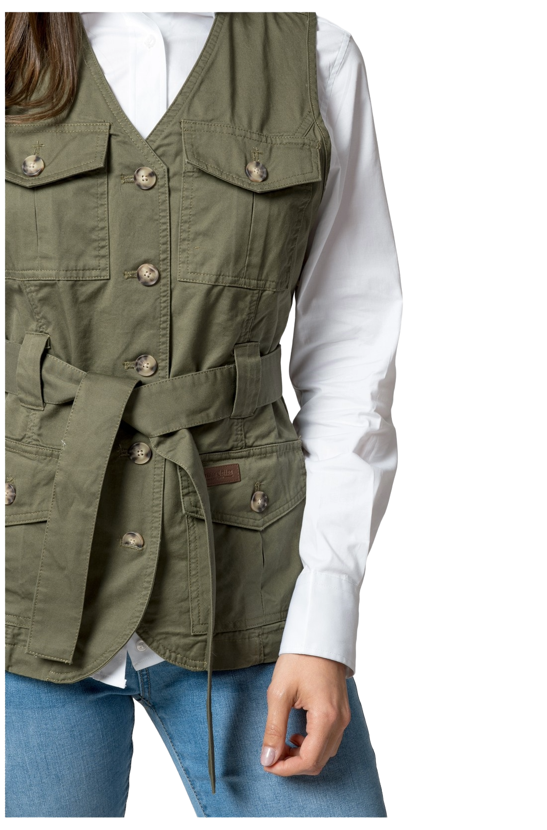 Chaleco Sahariana Mujer, Verde Kaki, 100% Algodón, Cuatro Bolsillos con Botones y Lazo