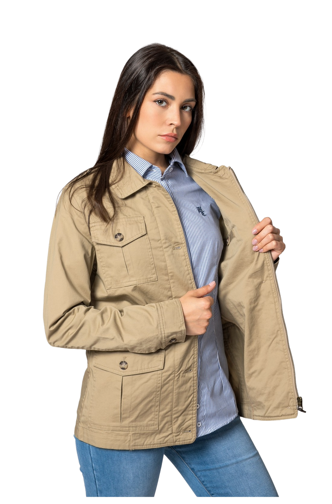 Sahariana Kenia Beige, 100% Algodón, Cuatro Bolsillos con Botones
