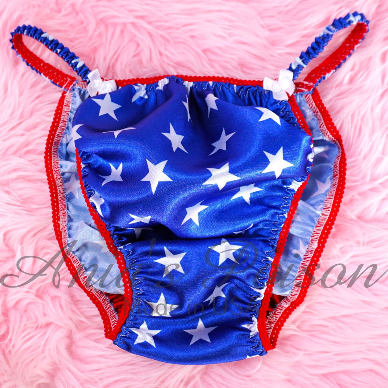Ania's Poison July 4th Panties 100% polyester Red White and Blue Stars string bikini sissy mens underwear Patriotic USA panties sz L & XL only Ania's Poison July 4th Panties 100% polyester Red White and Blue Stars string bikini sissy mens underwear Patriotic USA panties sz L & XL only