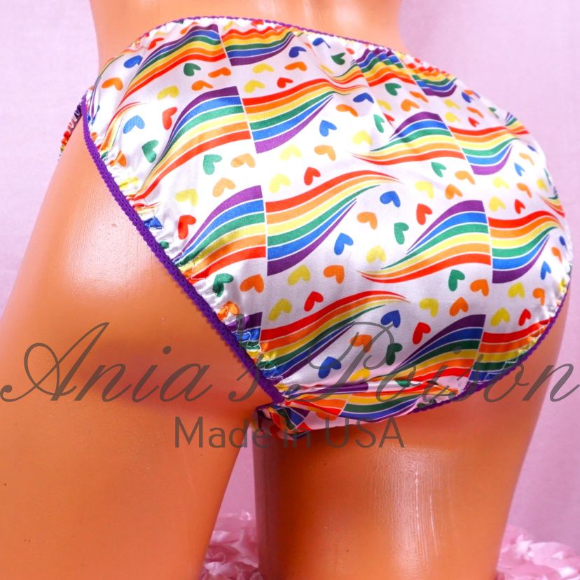 RAINBOW PRIDE White hearts Lace Duchess sissy panties Classic 80's cut satin wet look WOMEN'S panties sz 6 7 8
