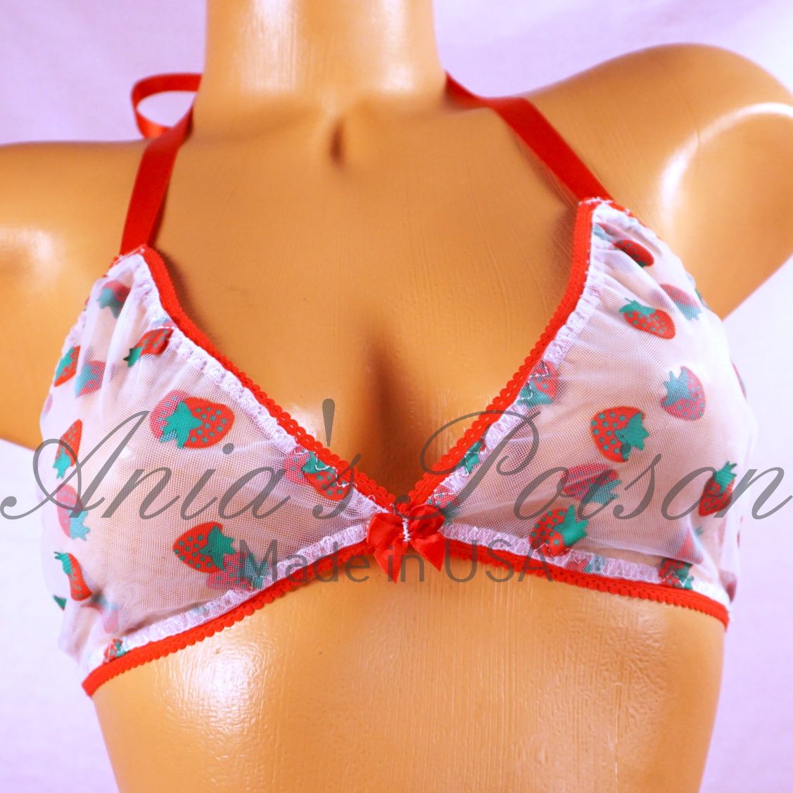 Sheer mesh strawberry Print Bra tie up Satin lined halter triangle OS bra Sheer mesh strawberry Print Bra tie up Satin lined halter triangle OS bra
