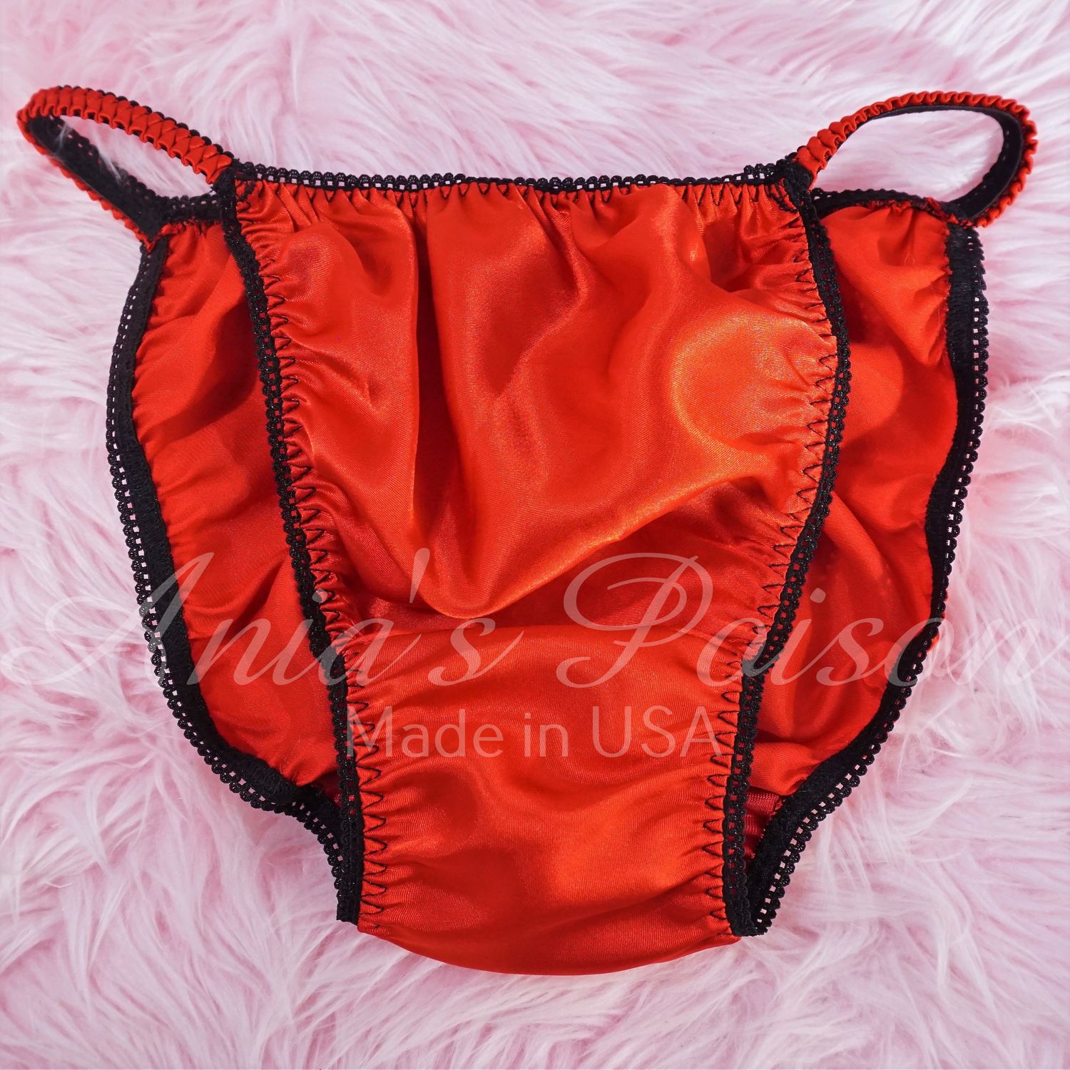 Ania's Poison String Bikini Shiny Red Black Trim LAST CHANCE 100% polyester Sissy men's underwear panties sz XXL Only DEADSTOCK