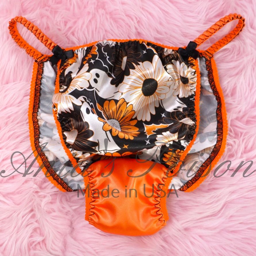 Satin Panties for Men Halloween Floral Ghost Orange satin crotch 100% polyester SATIN string bikini panties Ania's poison Cut S- XL