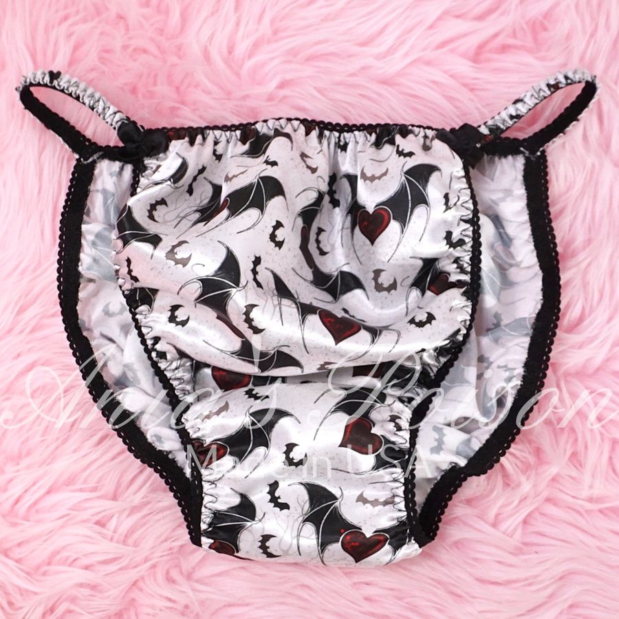 Satin Men's Panties Poison Cut Halloween White Bats spooky LIMITED Satin wet look string bikini sz S-XL