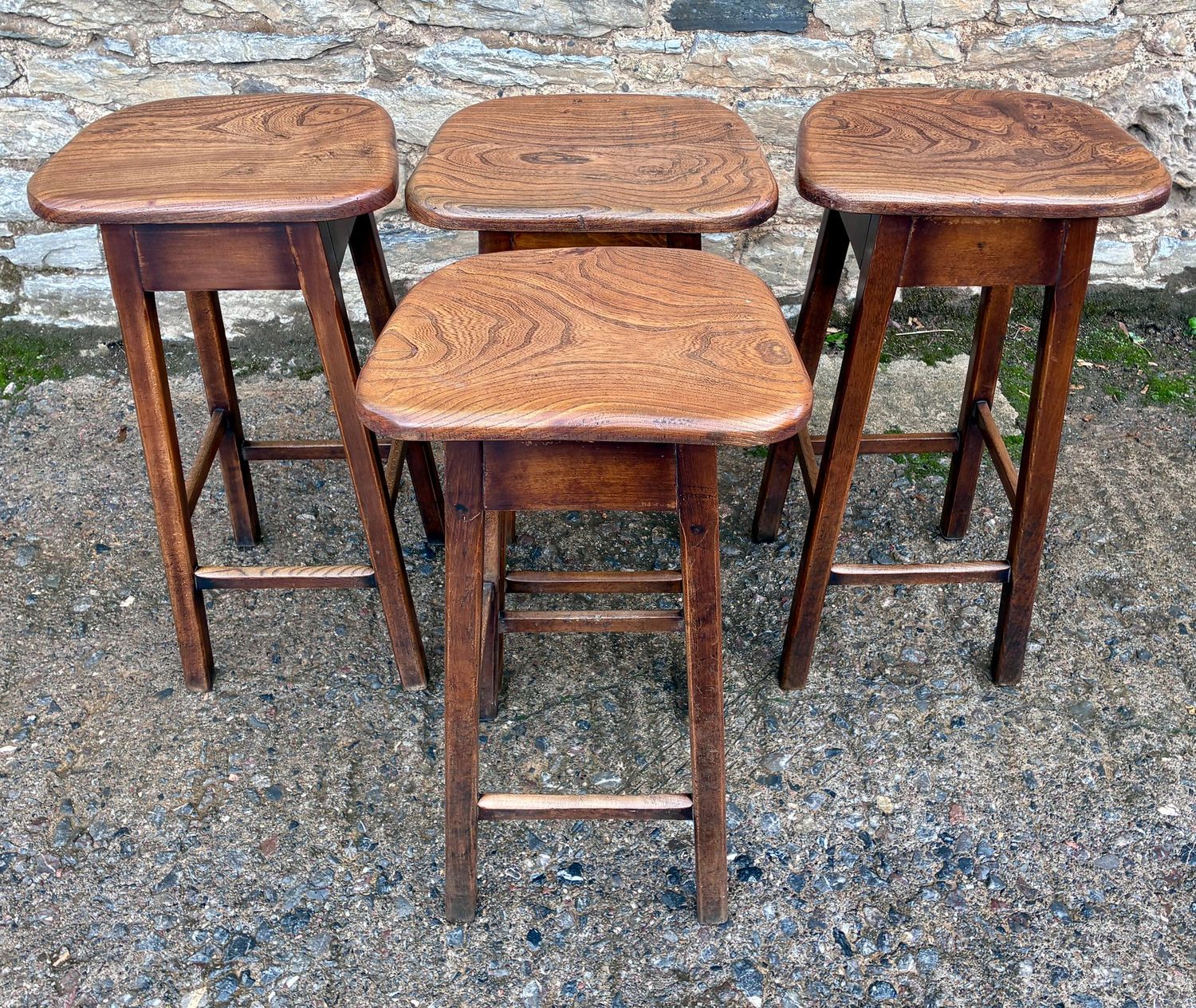 Set of 4 Tall Antique Elm Bar Stools