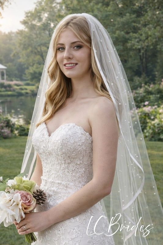 PERLA | One Layer Wedding Veil with Scattered Pearls, Satin Ribbon Edge