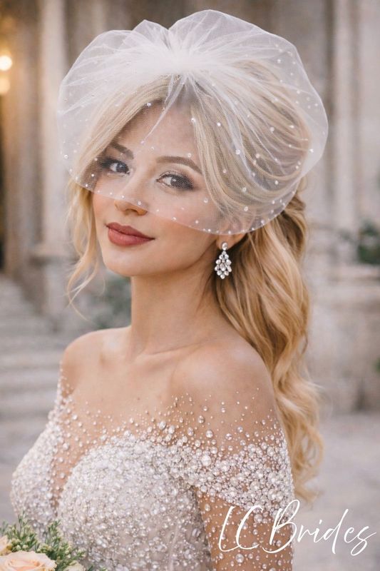 Short Wedding Veil Sparkling with Crystal Clusters Birdcage
