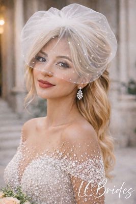 Short Wedding Veil Sparkling with Crystal Clusters Birdcage