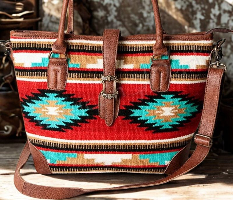 Southwestern Saddle Blanket 15"Tote Bag with Genuine Leather Trim & Buckle Accent # LS16