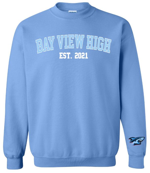 Bay View High - Carolina Blue Bay View Est. 2021 Crewneck Sweatshirt (White/Light Blue, Full Chest)