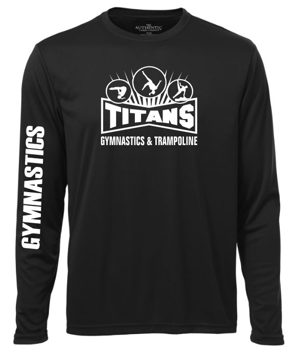 Titans Gymnastics &amp; Trampoline - Black Titans Logo Long Sleeve Moist Wick Shirt (All White Logo)