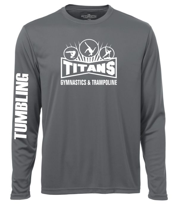 Titans Gymnastics &amp; Trampoline - Coal Grey Titans Logo Long Sleeve Moist Wick Shirt (All White Logo)
