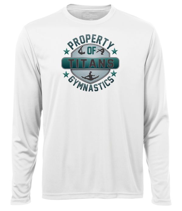 Titans Gymnastics &amp; Trampoline - White Long Sleeve Moist Wick with Teal Ombre Property of Titans Logo