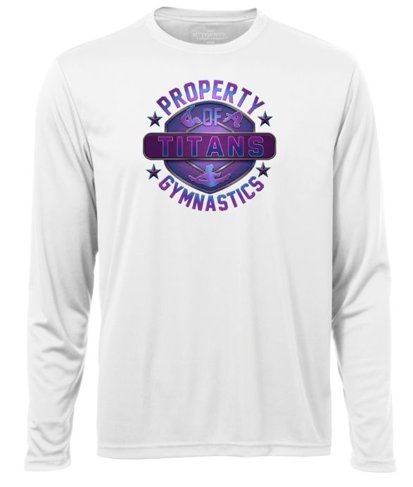 Titans Gymnastics &amp; Trampoline - White Long Sleeve Moist Wick with Purple Ombre Property of Titans Logo