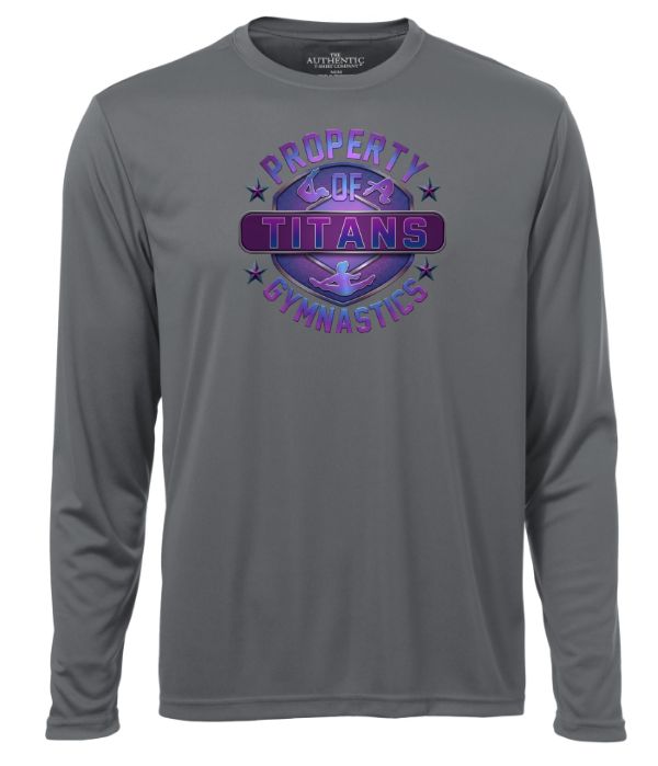 Titans Gymnastics &amp; Trampoline - Coal Grey Long Sleeve Moist Wick with Purple Ombre Property of Titans Logo