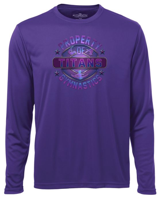 Titans Gymnastics &amp; Trampoline - Purple Long Sleeve Moist Wick with Purple Ombre Property of Titans Logo