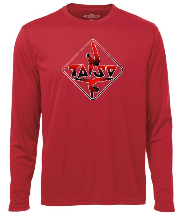 Taiso Gymnastics -  Red Taiso Logo Long Sleeve Moist Wick Shirt (Red/Black Ombre)