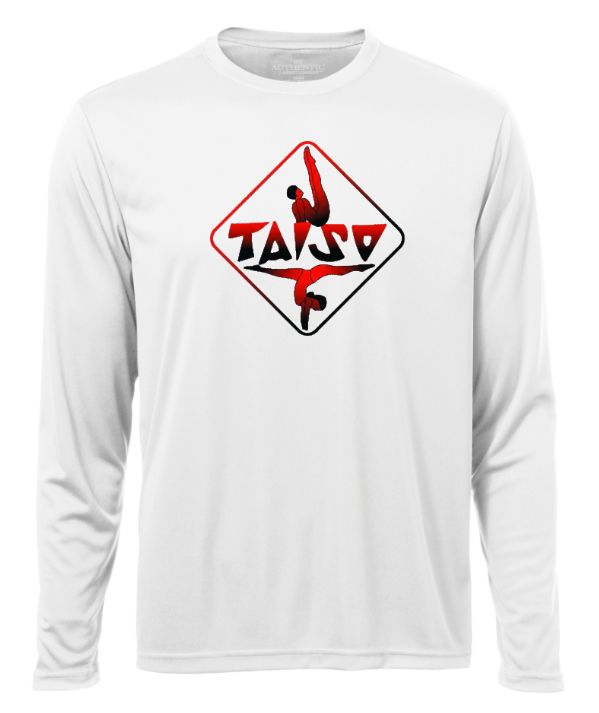 Taiso Gymnastics -  White Taiso Logo Long Sleeve Moist Wick Shirt (Red/Black Ombre)