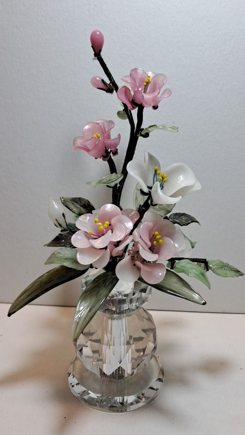 Vaso di Cristallo Molato, con fiori di vetro. Linea Romantica . Profumatore