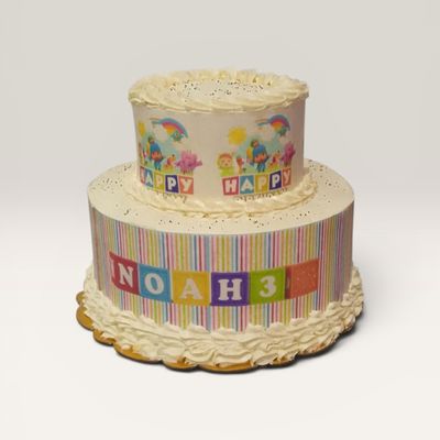 Torta Pocoyó personalizada de dos pisos con imagen comestible para cumpleaños infantil en Bogotá