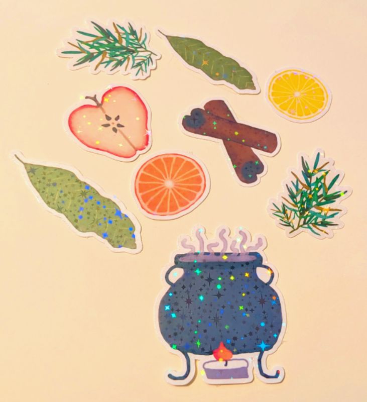 Magical Kitchen Witch Simmer Pot Holographic Sparkle Sticker Set