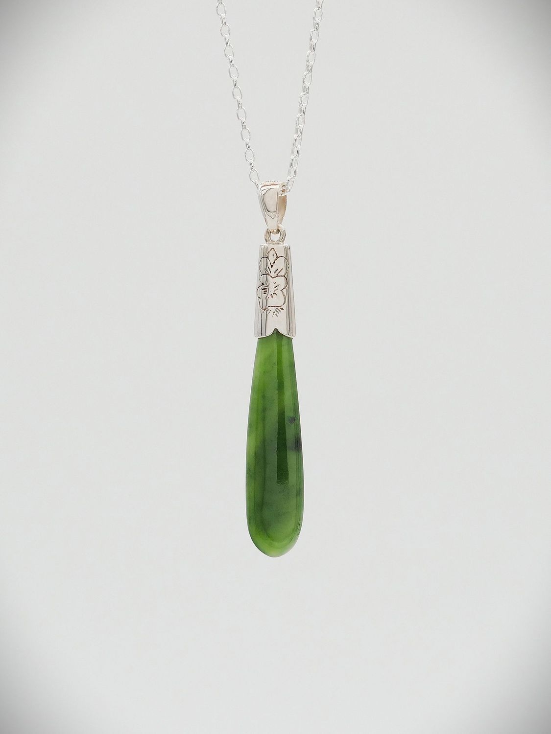 Pounamu and Sterling Silver Drop Pendant short - P39s