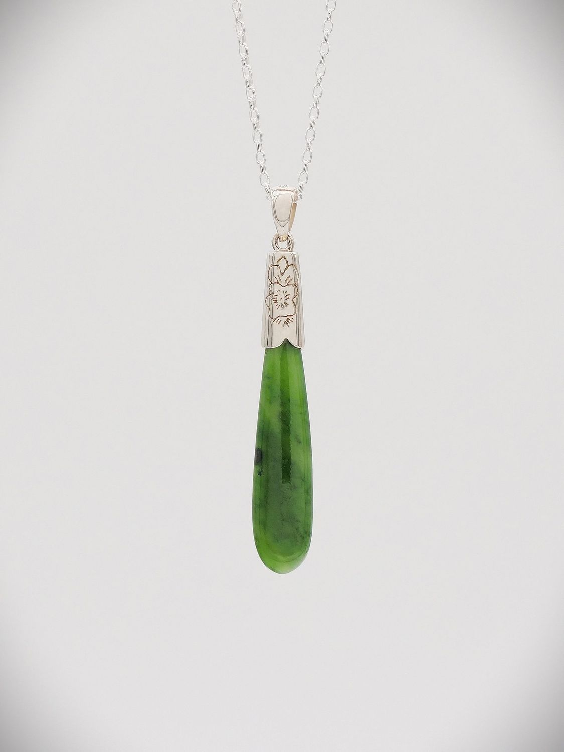 Pounamu and Sterling Silver Drop Pendant short - P39s