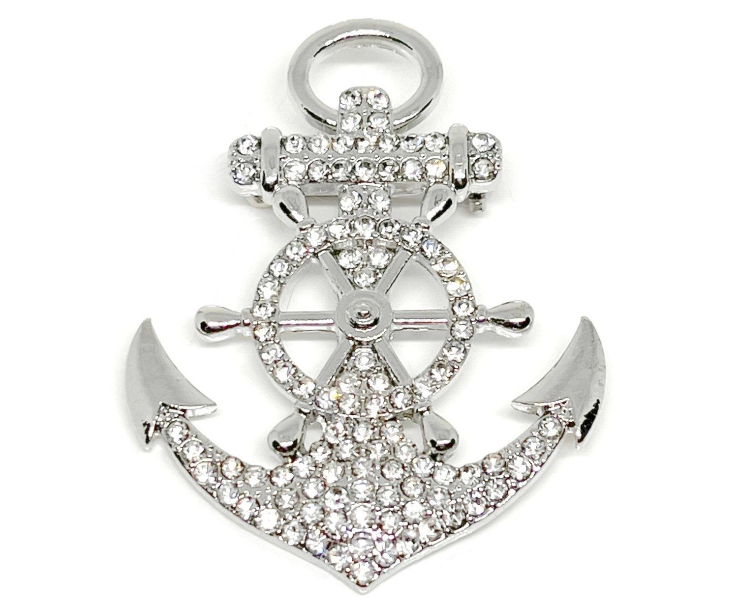 Brosche Anstecknadel Anker mit Steuerrad silberfarben mit klarem Strass 6,5cm