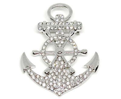 Brosche Anstecknadel Anker mit Steuerrad silberfarben mit klarem Strass 6,5cm