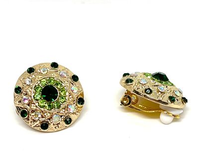 ​1 Paar Clips Ohrringe Rund Kreis goldfarben mit grünem Strass 2cm