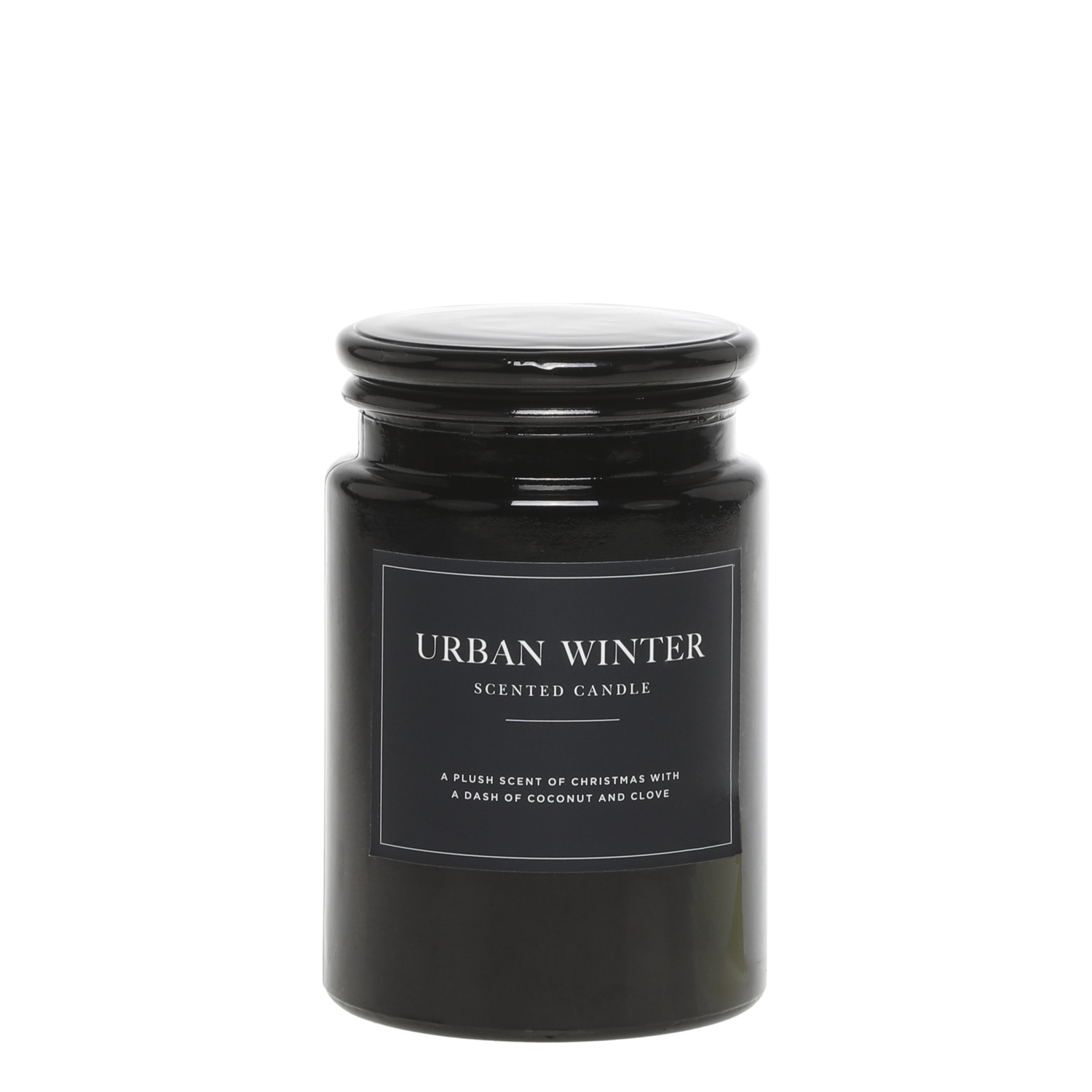 Lucon Scented Candle - Urban Winter - White Candle in Dark Glass Container.  Black Label with White Writing