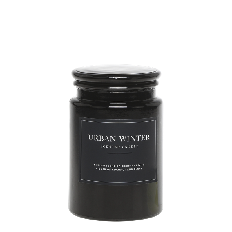 Lucon Scented Candle - Urban Winter - White Candle in Dark Glass Container.  Black Label with White Writing